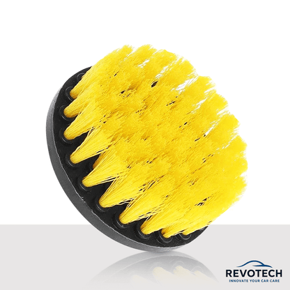 Große flache gelbe Bohrbürste, optimal für die Reinigung größerer Flächen wie Böden, Fliesen oder Duschwände, kompatibel mit Akkuschrauber, Marke Revotech

