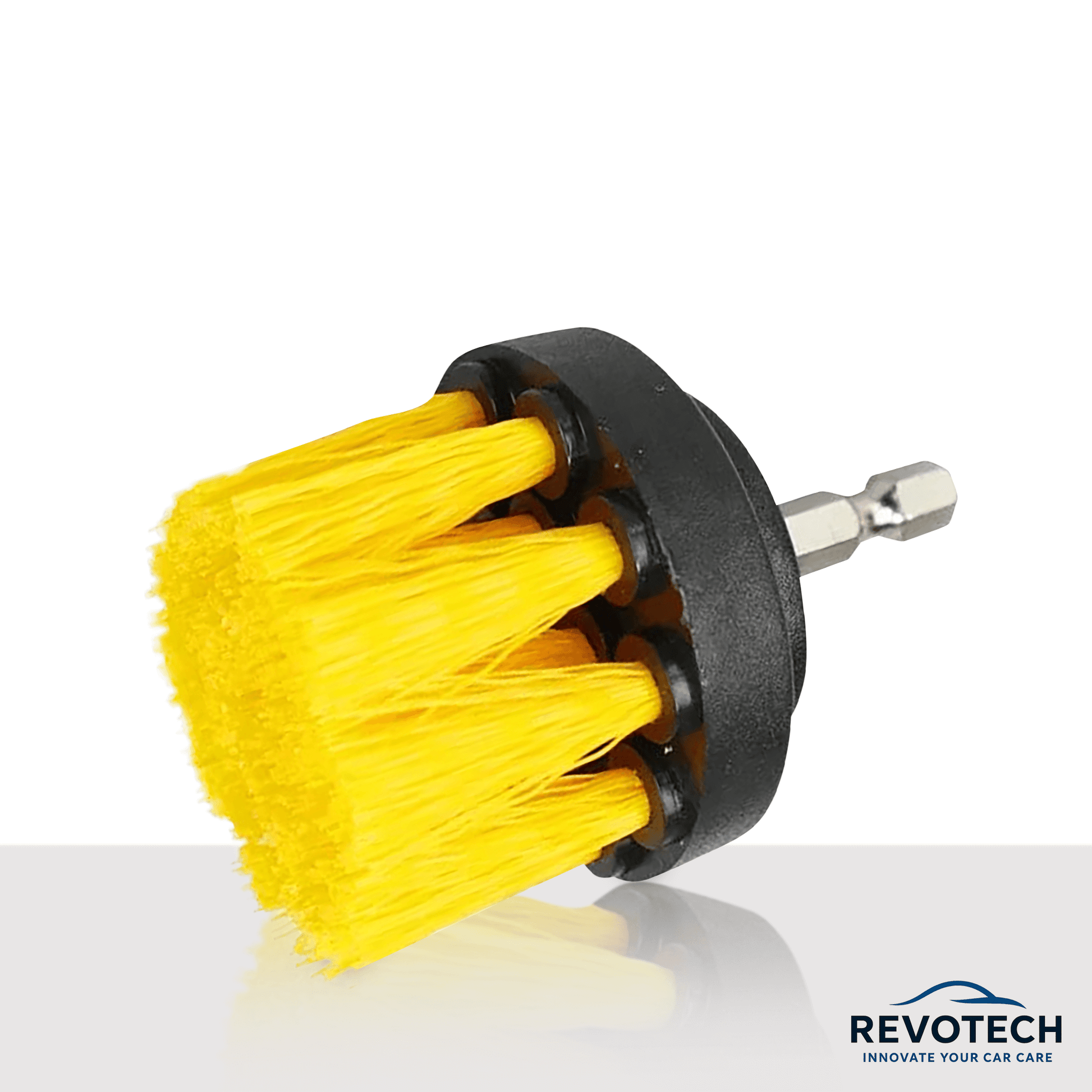 Kleine gelbe Bohrbürste für präzise Detailarbeiten, z.B. in Ecken, Fugen oder Armaturen, für Akkuschrauber geeignet, Marke Revotech