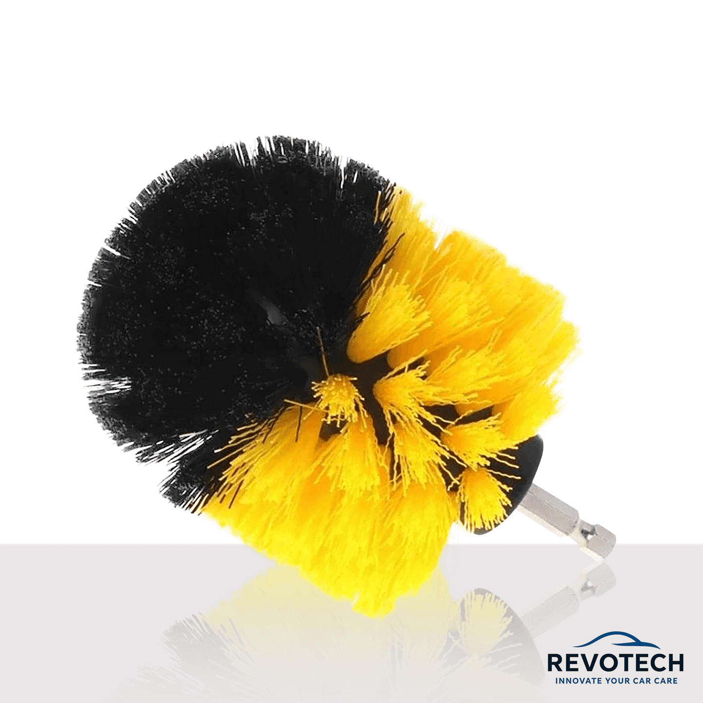 Runde Bohrbürste mit schwarzem und gelbem Borstenmix, ideal zur Felgenreinigung und für schwer erreichbare Stellen, passend für Akkuschrauber, Marke Revotech