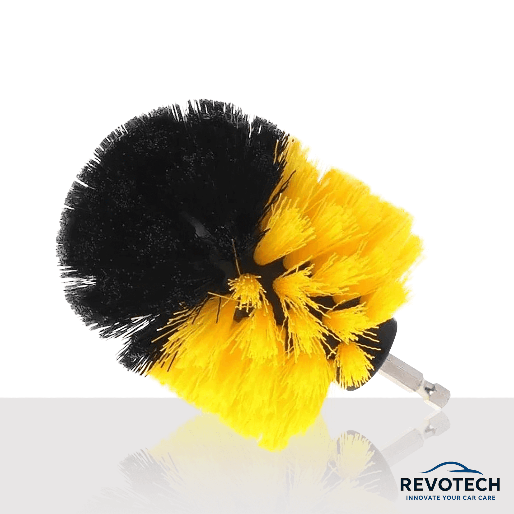 Runde Bohrbürste mit schwarzem und gelbem Borstenmix, ideal zur Felgenreinigung und für schwer erreichbare Stellen, passend für Akkuschrauber, Marke Revotech