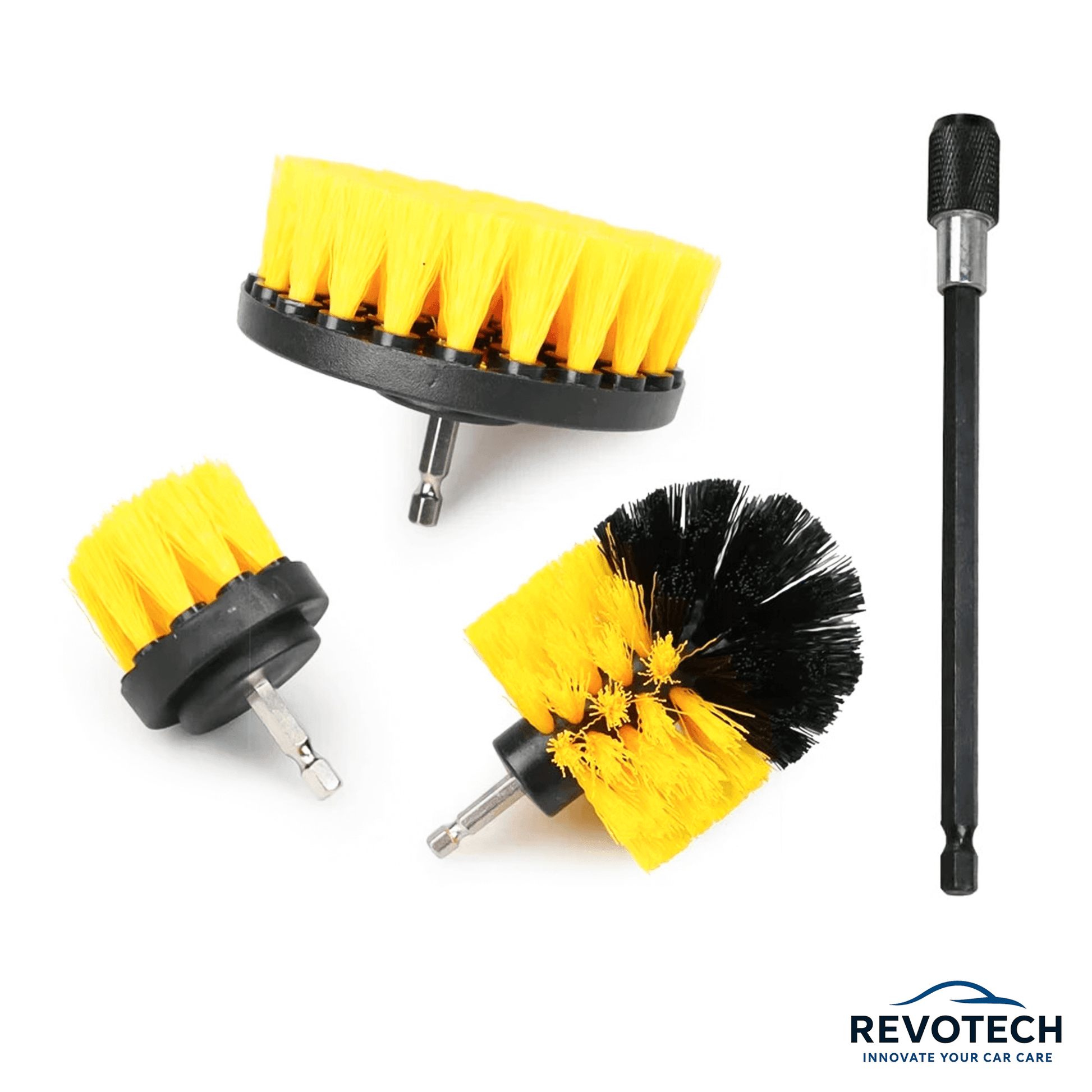 3-teiliges Bohrbürsten-Set mit Verlängerungsstab für Akkuschrauber und Bohrmaschine – verschiedene Bürstenaufsätze für die gründliche Reinigung von Felgen, Fliesen, Bad, Auto und Küche, Marke Revotech