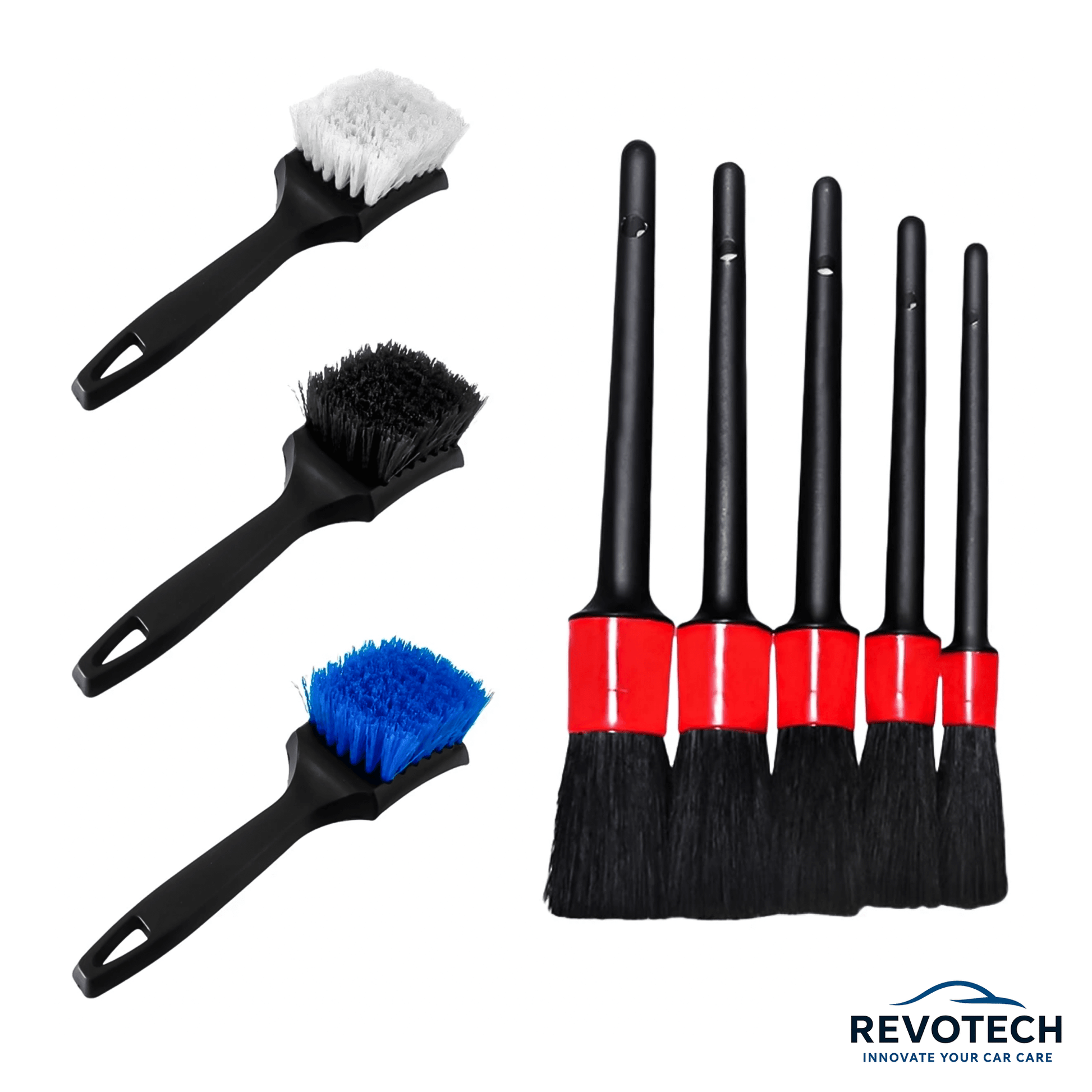 6-teiliges schwarzes Detailing-Bürstenset mit ergonomischen Griffen – ideal für empfindliche Fahrzeugteile innen und außen.