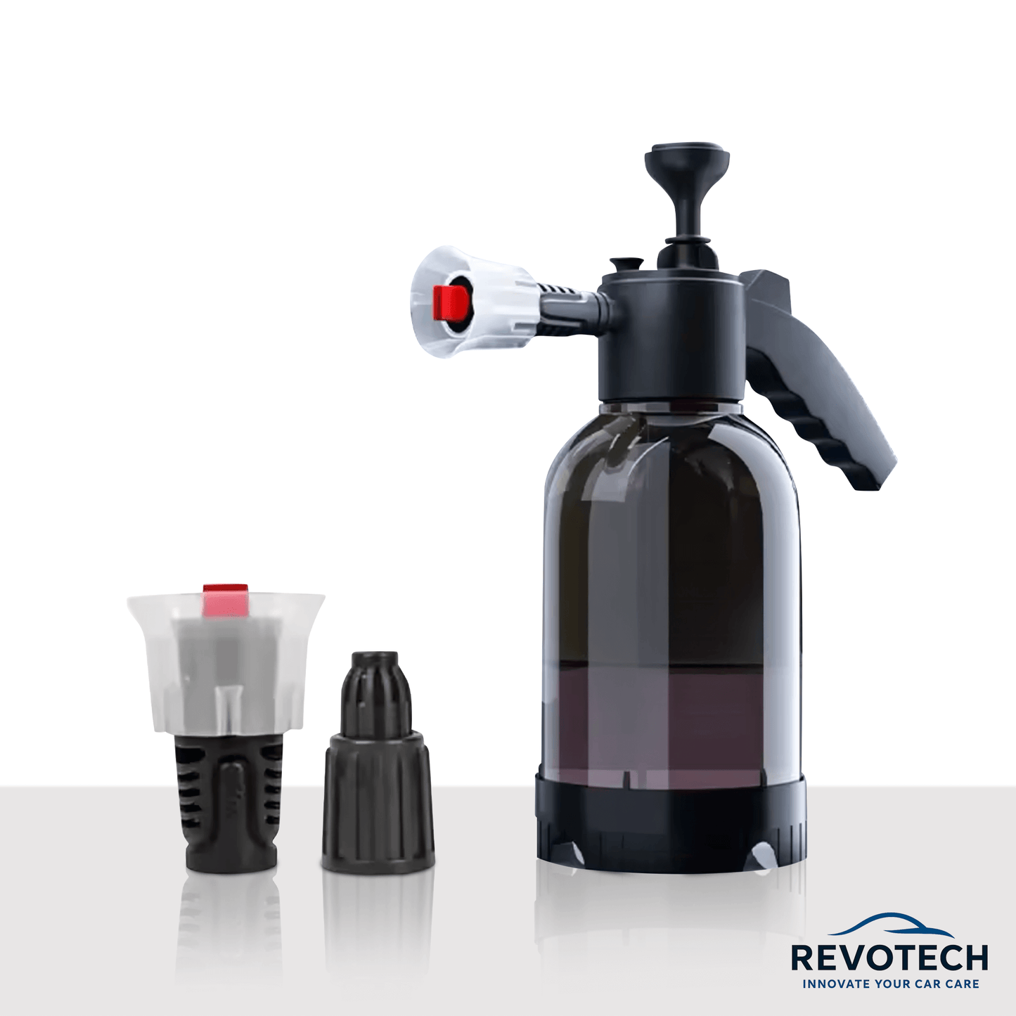 Revotech Hochdruck-Schaumsprüher 2 Liter, seitliche Ansicht mit Zubehör – effektive Autoreinigung und Gartenbewässerung