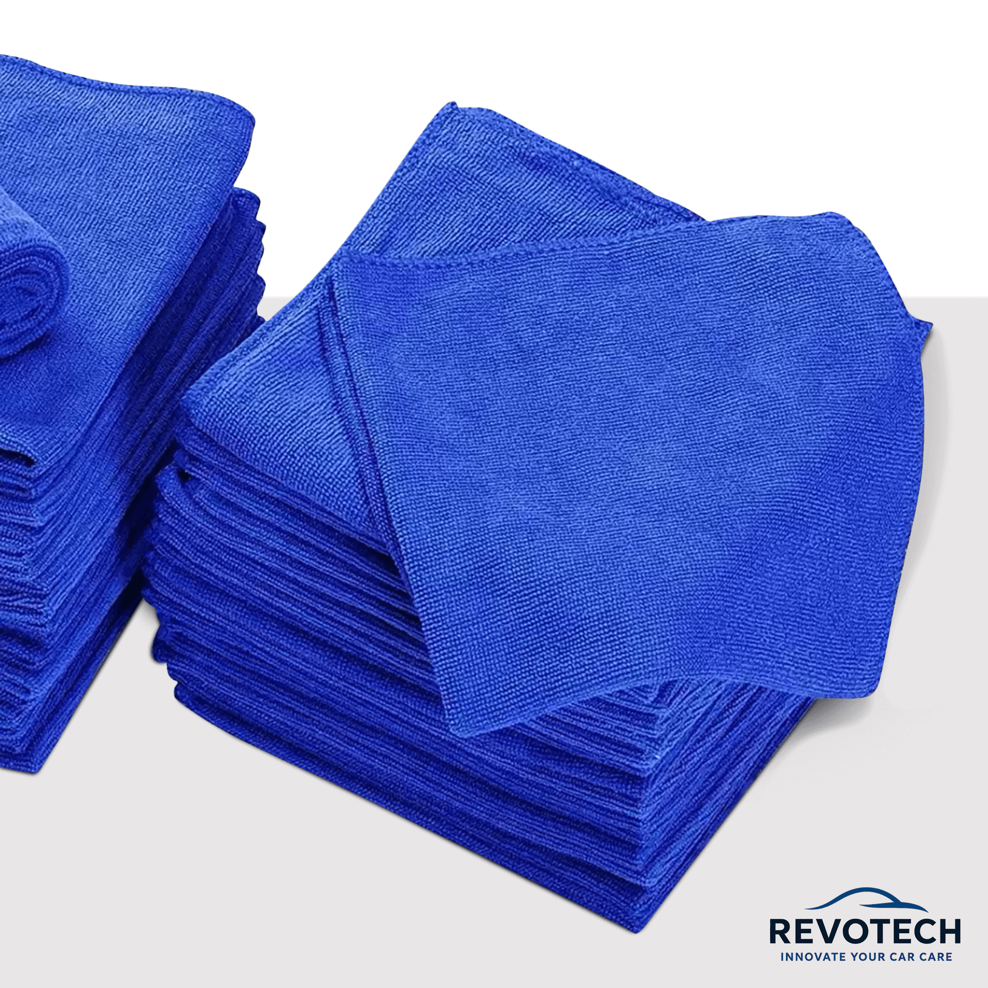 Gestapelte blaue Mikrofasertücher 30x30 cm, ultraweich, hochsaugfähig – Marke Revotech