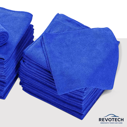 Gestapelte blaue Mikrofasertücher 30x30 cm, ultraweich, hochsaugfähig – Marke Revotech