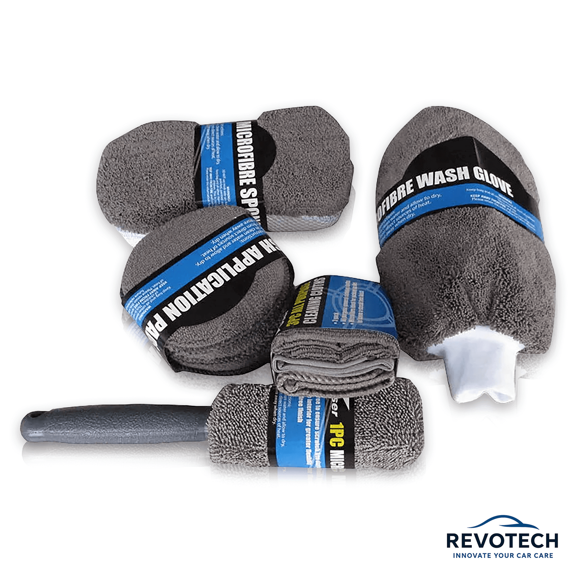 Graues 9-teiliges Reinigungsset mit allen Komponenten flach angeordnet – ideal für komplette Innen- und Außenreinigung.