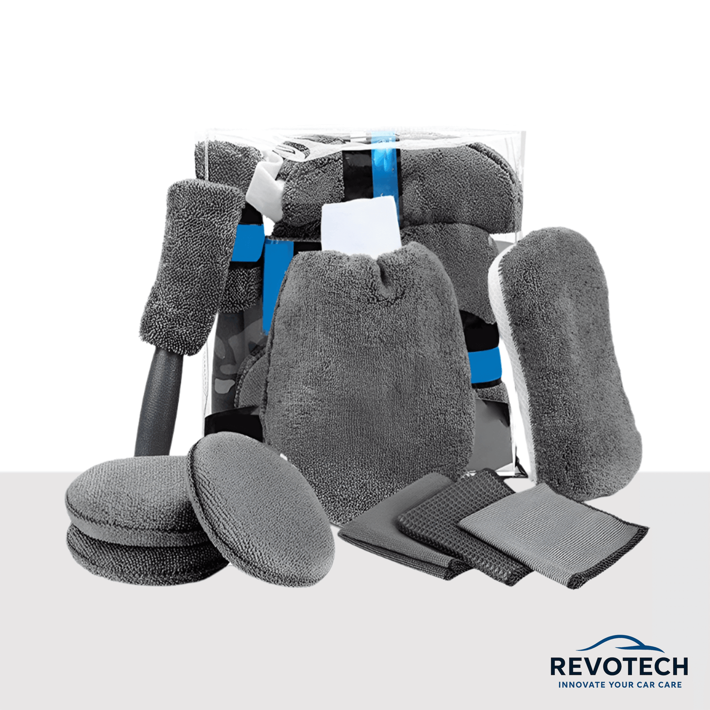 9-teiliges Auto-Reinigungsset in Grau mit Schwamm, Waschhandschuh, Tüchern und Bürste – ideal für Innenraum und Außenwäsche.