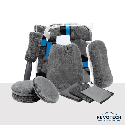9-teiliges Auto-Reinigungsset in Grau mit Schwamm, Waschhandschuh, Tüchern und Bürste – ideal für Innenraum und Außenwäsche.