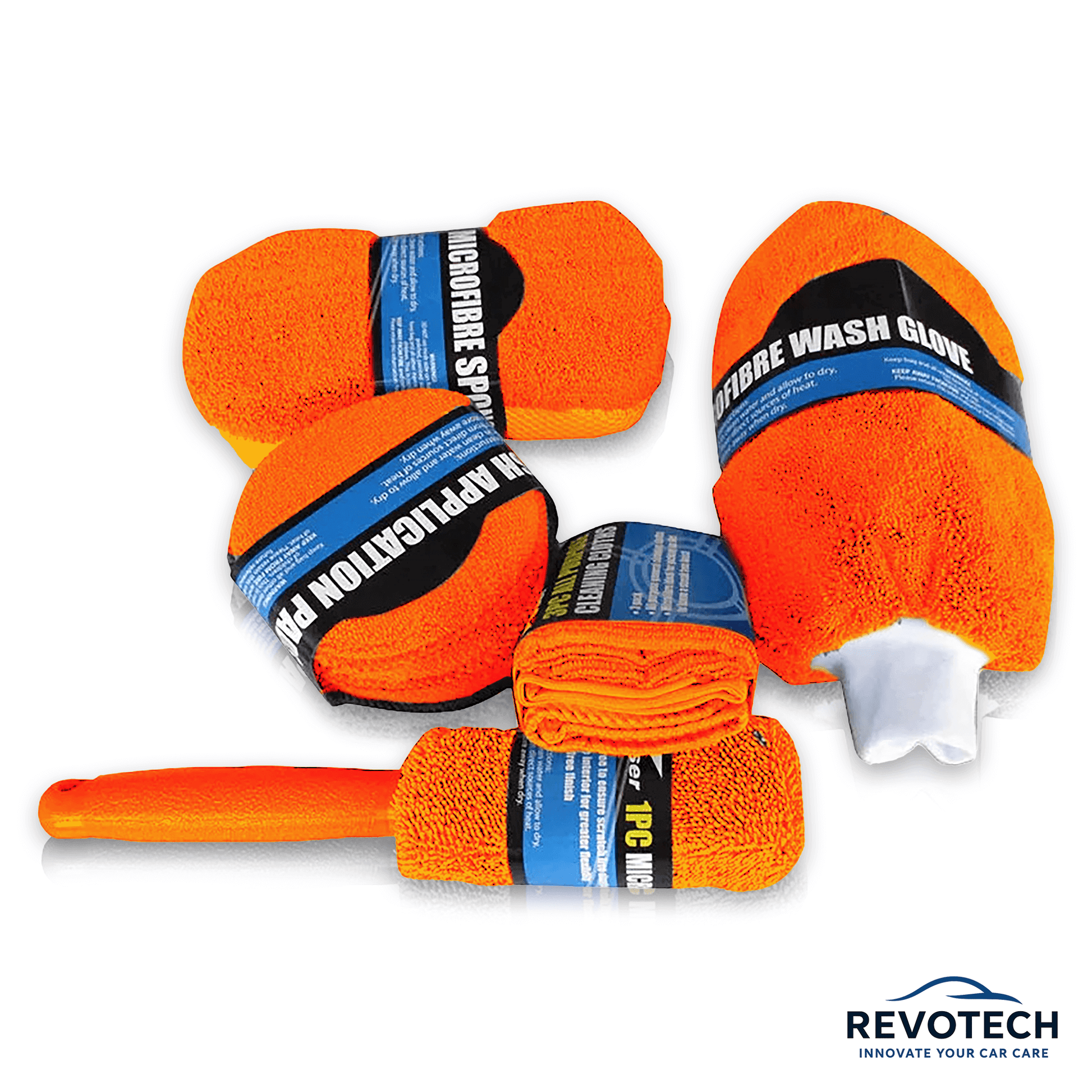 Orangenes 9-teiliges Reinigungsset mit allen Komponenten flach angeordnet – ideal für komplette Innen- und Außenreinigung.
