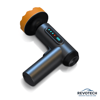 Revotech MiniPro 8V – Kompaktes Akku-Poliergerät, Gunmetal-Schwarz, seitliche Ansicht, handlich und flexibel