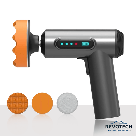 Revotech MiniPro 8V – Kompaktes Akku-Poliergerät, USB-ladbar, mit 2 Polieraufsätzen, Gunmetal-Schwarz, inklusive Zubehör, für effiziente Fahrzeugpflege