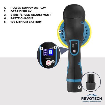 Revotech R-125 Flex – Poliermaschine mit digitalem Display, Akkuanzeige und Bedienfeld, kompakt und leistungsstark