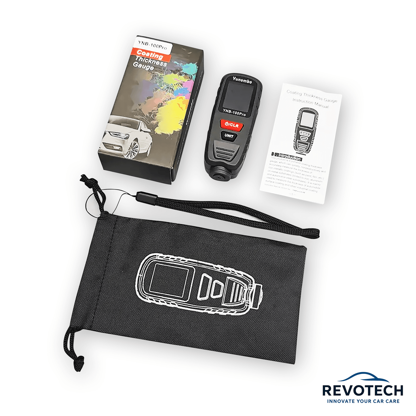 Yunombo YNB-100Pro Lackschichtdickenmesser mit Zubehör, Etui, Bedienungsanleitung und Verpackung – Set für professionelle Lackprüfung